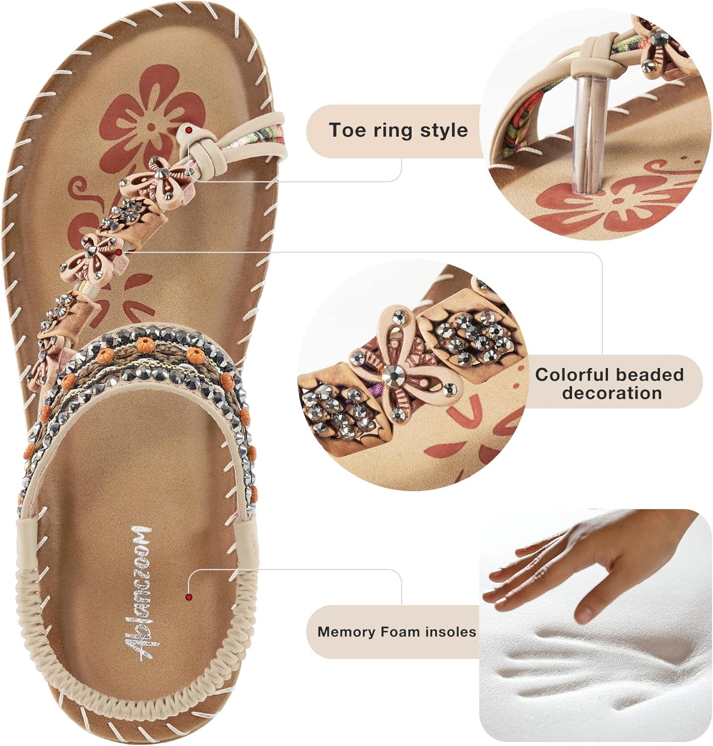 Flat Sandals for Women Summer: Casual Boho Beaded Toe Ring Dress Shoes - Comfortable Vacation Daily Walking Shoes