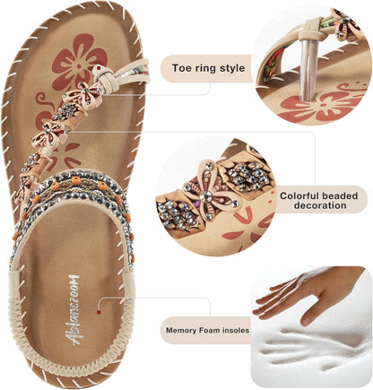 Flat Sandals for Women Summer: Casual Boho Beaded Toe Ring Dress Shoes - Comfortable Vacation Daily Walking Shoes