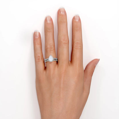 1.5 Carat Pear Cut Lab-Created Opal and Moissanite Vintage Engagement Ring - Halo Pave Bridal Set in 18K White Gold Plating for Women