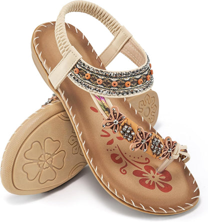 Flat Sandals for Women Summer: Casual Boho Beaded Toe Ring Dress Shoes - Comfortable Vacation Daily Walking Shoes