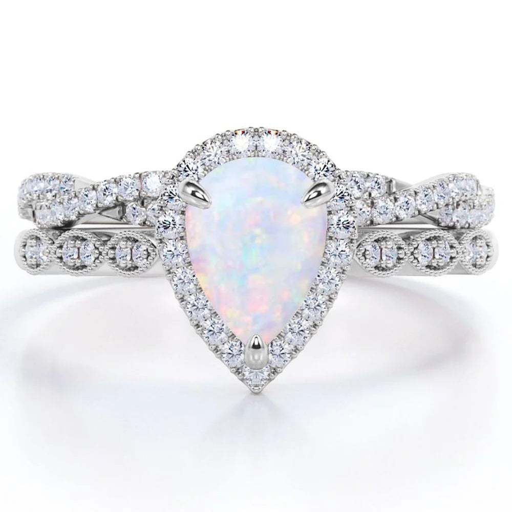1.5 Carat Pear Cut Lab-Created Opal and Moissanite Vintage Engagement Ring - Halo Pave Bridal Set in 18K White Gold Plating for Women