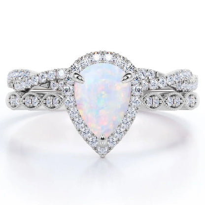 1.5 Carat Pear Cut Lab-Created Opal and Moissanite Vintage Engagement Ring - Halo Pave Bridal Set in 18K White Gold Plating for Women