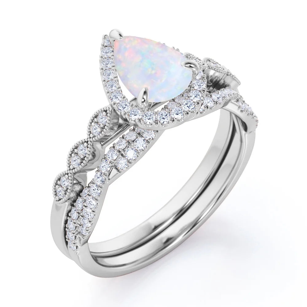 1.5 Carat Pear Cut Lab-Created Opal and Moissanite Vintage Engagement Ring - Halo Pave Bridal Set in 18K White Gold Plating for Women