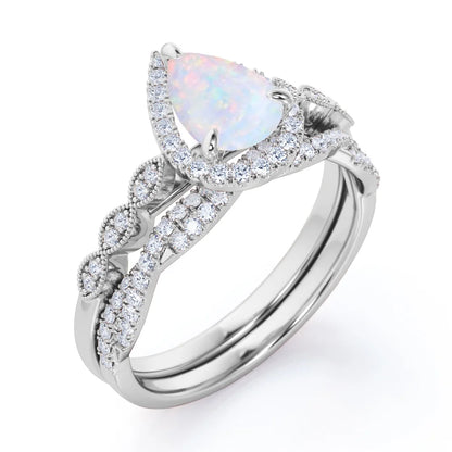 1.5 Carat Pear Cut Lab-Created Opal and Moissanite Vintage Engagement Ring - Halo Pave Bridal Set in 18K White Gold Plating for Women