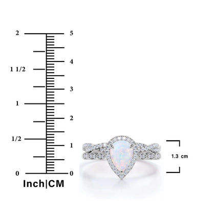 1.5 Carat Pear Cut Lab-Created Opal and Moissanite Vintage Engagement Ring - Halo Pave Bridal Set in 18K White Gold Plating for Women