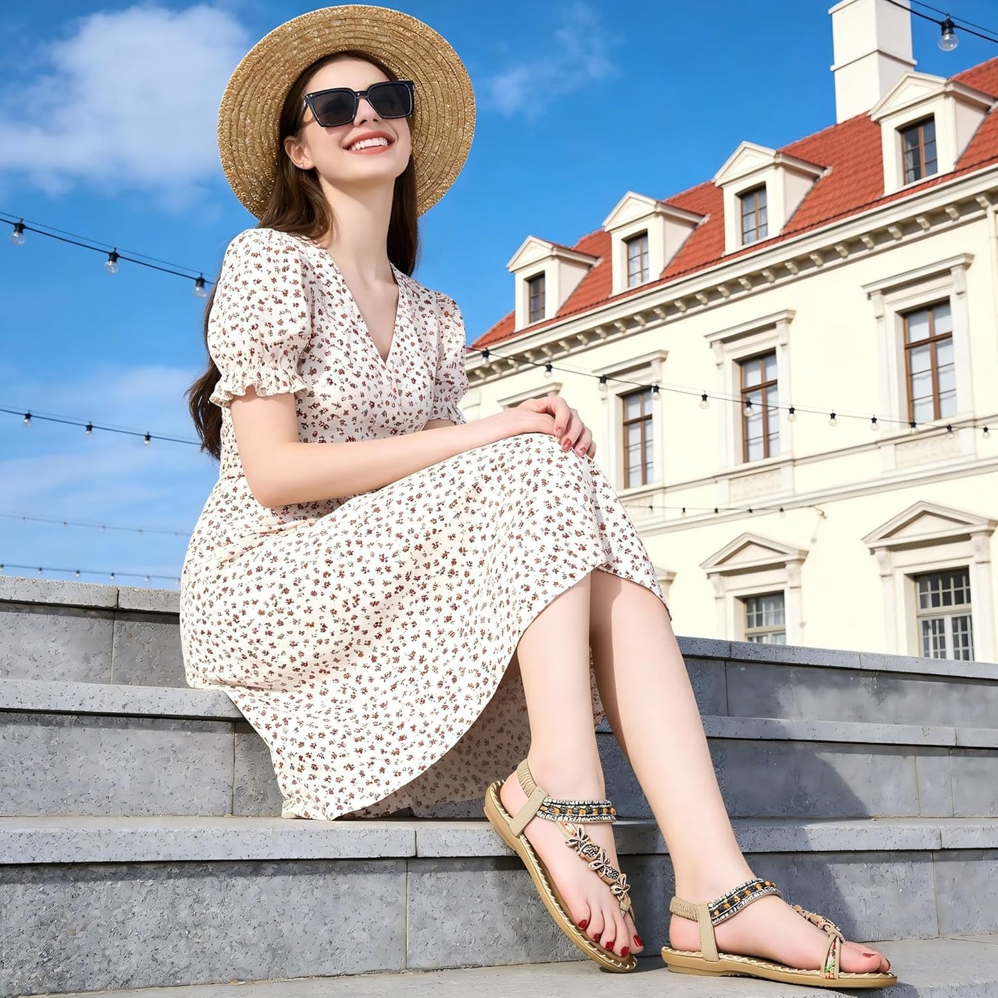 Flat Sandals for Women Summer: Casual Boho Beaded Toe Ring Dress Shoes - Comfortable Vacation Daily Walking Shoes