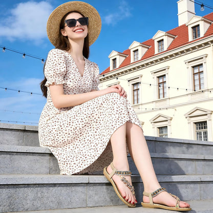Flat Sandals for Women Summer: Casual Boho Beaded Toe Ring Dress Shoes - Comfortable Vacation Daily Walking Shoes