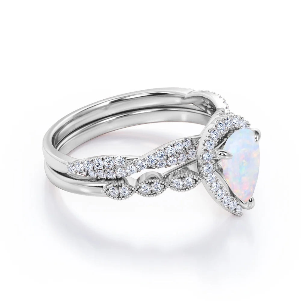 1.5 Carat Pear Cut Lab-Created Opal and Moissanite Vintage Engagement Ring - Halo Pave Bridal Set in 18K White Gold Plating for Women