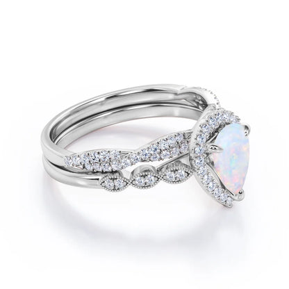 1.5 Carat Pear Cut Lab-Created Opal and Moissanite Vintage Engagement Ring - Halo Pave Bridal Set in 18K White Gold Plating for Women
